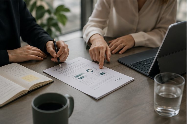 Twee collega's bespreken de bevindingen van een beloningsanalyse aan de hand van een rapportage.