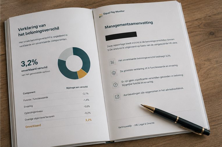 Detailpagina van een Equal Pay Monitor-rapportage met de verklaring van het beloningsverschil en een managementsamenvatting.