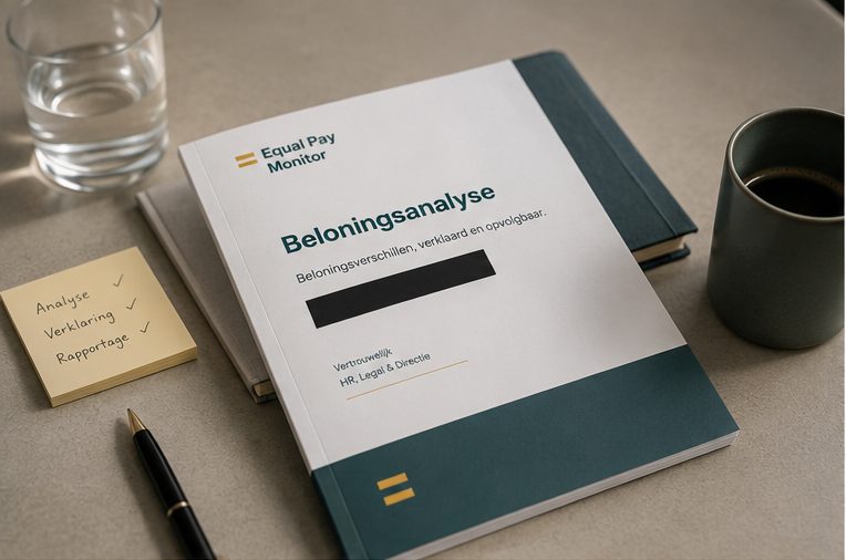 De Equal Pay Monitor-rapportage 'Beloningsanalyse' als fysiek, vertrouwelijk document op tafel.