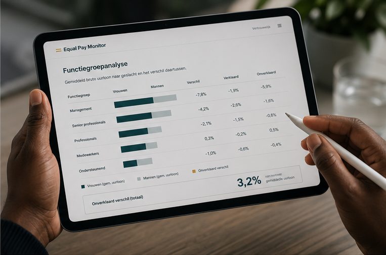 iPad met de Equal Pay Monitor-analyse: loonverschil per functiegroep, uitgesplitst naar verklaard en onverklaard deel.